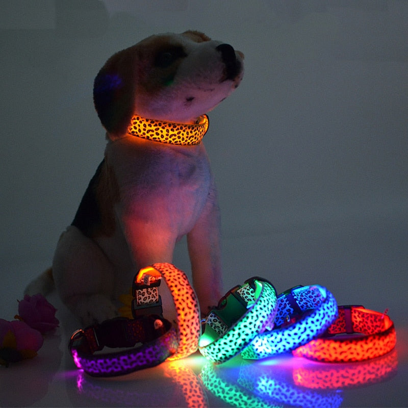 Leopard LED Dog Collar Luminous Adjustable Glowing Collar For Dogs Pet Night Safety Nylon Collar Luminous LED Bright Dog Collar