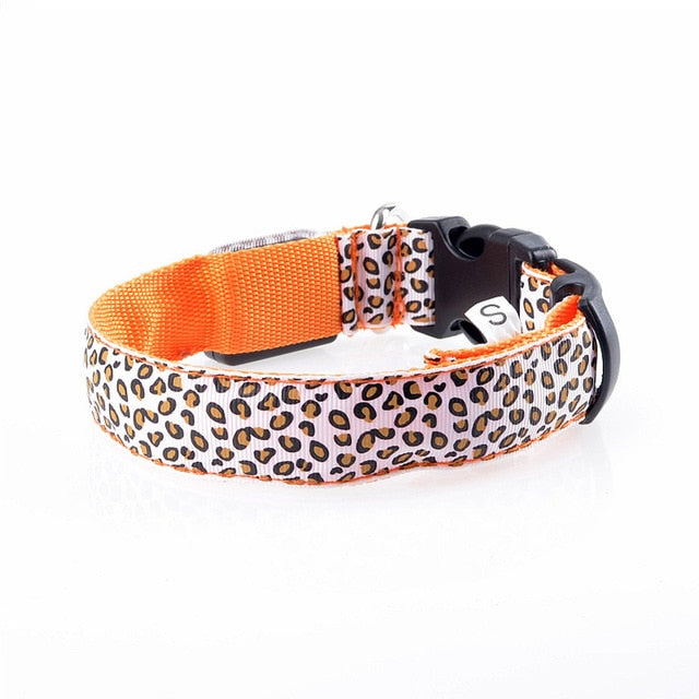 Leopard LED Dog Collar Luminous Adjustable Glowing Collar For Dogs Pet Night Safety Nylon Collar Luminous LED Bright Dog Collar