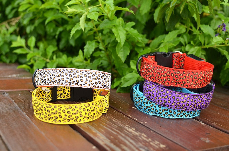 Leopard LED Dog Collar Luminous Adjustable Glowing Collar For Dogs Pet Night Safety Nylon Collar Luminous LED Bright Dog Collar