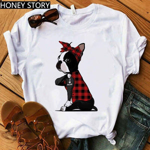 Red Plaid Dog T Shirt Boston Terrier I Love Mom T-shirt