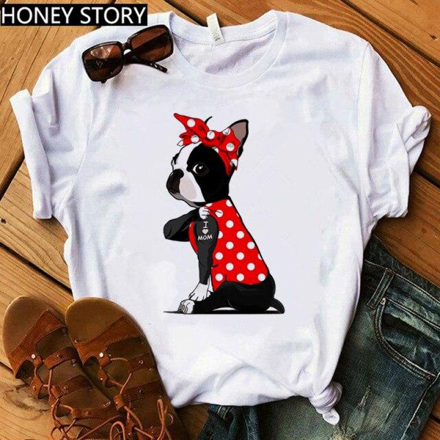 Red Plaid Dog T Shirt Boston Terrier I Love Mom T-shirt