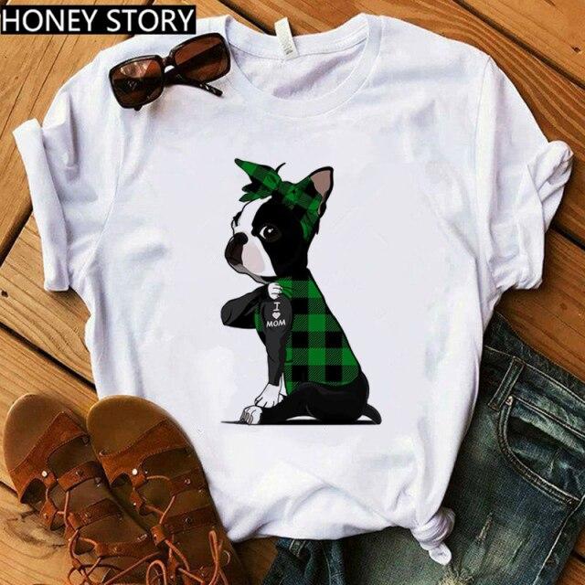 Red Plaid Dog T Shirt Boston Terrier I Love Mom T-shirt