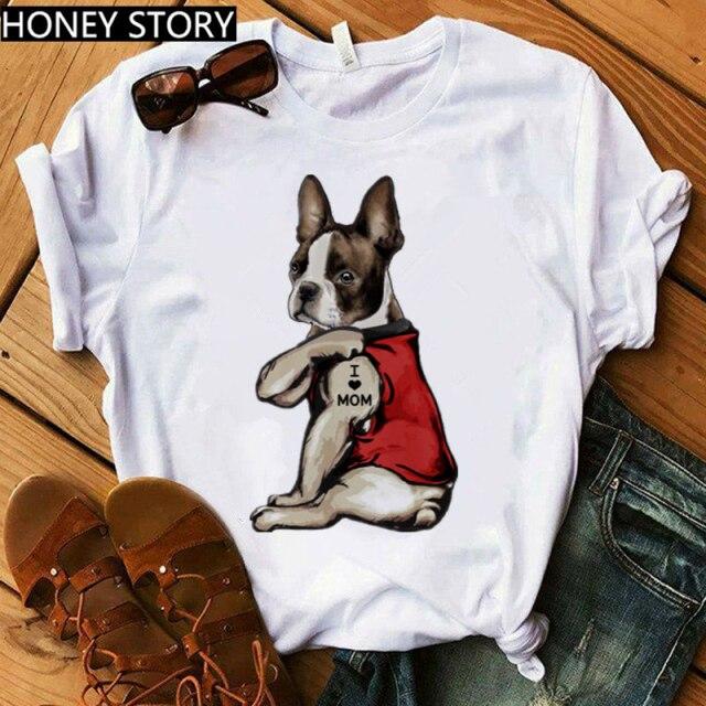 Red Plaid Dog T Shirt Boston Terrier I Love Mom T-shirt