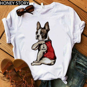 Red Plaid Dog T Shirt Boston Terrier I Love Mom T-shirt
