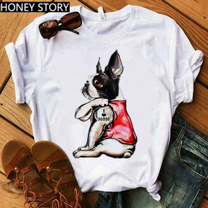Red Plaid Dog T Shirt Boston Terrier I Love Mom T-shirt