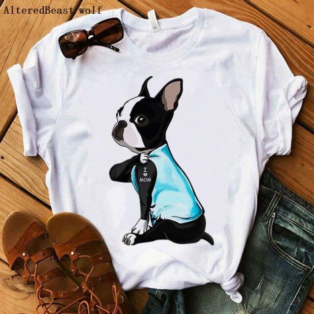 Red Plaid Dog T Shirt Boston Terrier I Love Mom T-shirt