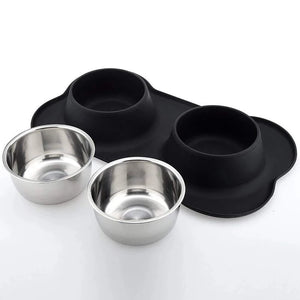 Antislip Double Dog Bowl With Silicone Mat Stainless Steel Water Food Feeder