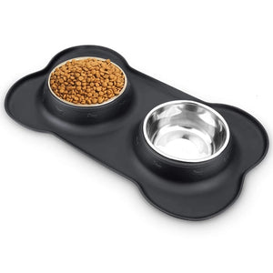 Antislip Double Dog Bowl With Silicone Mat Stainless Steel Water Food Feeder