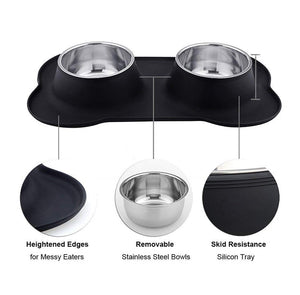 Antislip Double Dog Bowl With Silicone Mat Stainless Steel Water Food Feeder