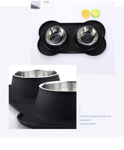 Antislip Double Dog Bowl With Silicone Mat Stainless Steel Water Food Feeder