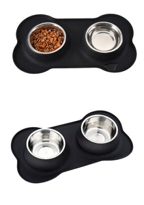 Antislip Double Dog Bowl With Silicone Mat Stainless Steel Water Food Feeder